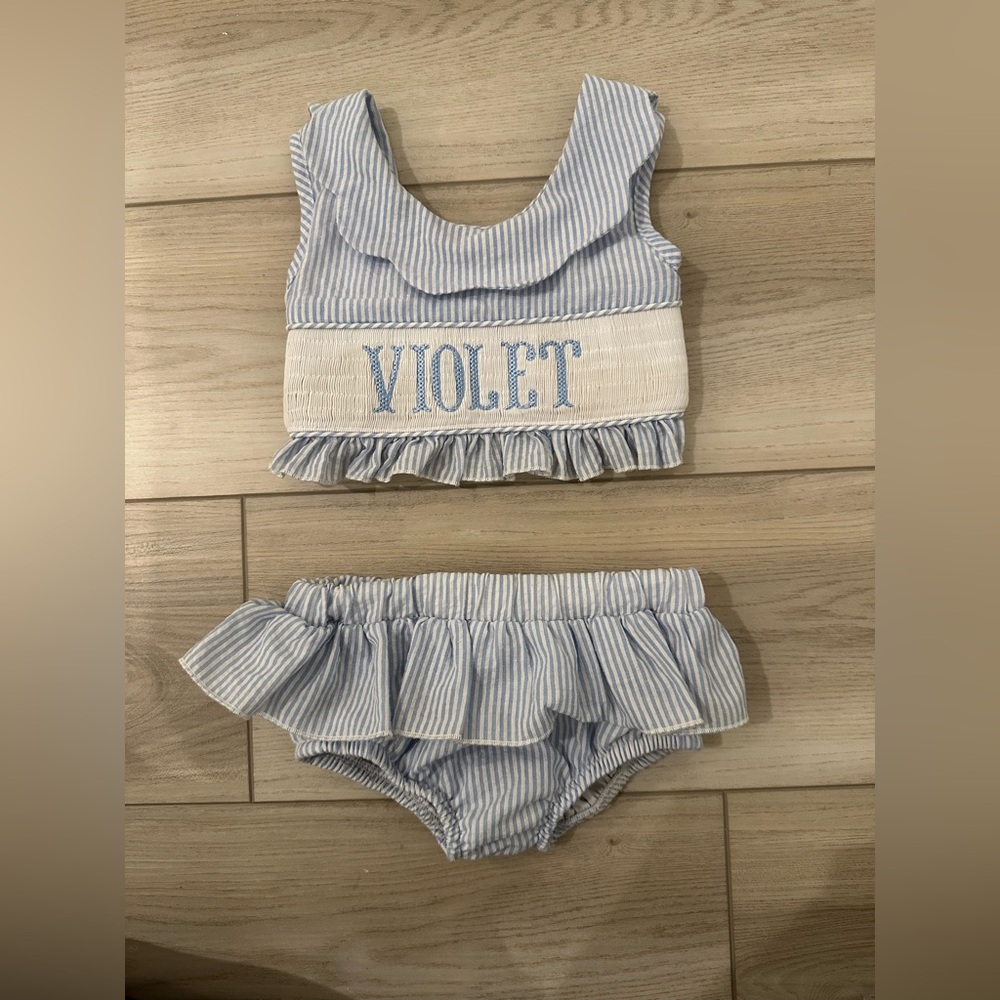 Smocked VIOLET blue stripe bikini, size 24 months